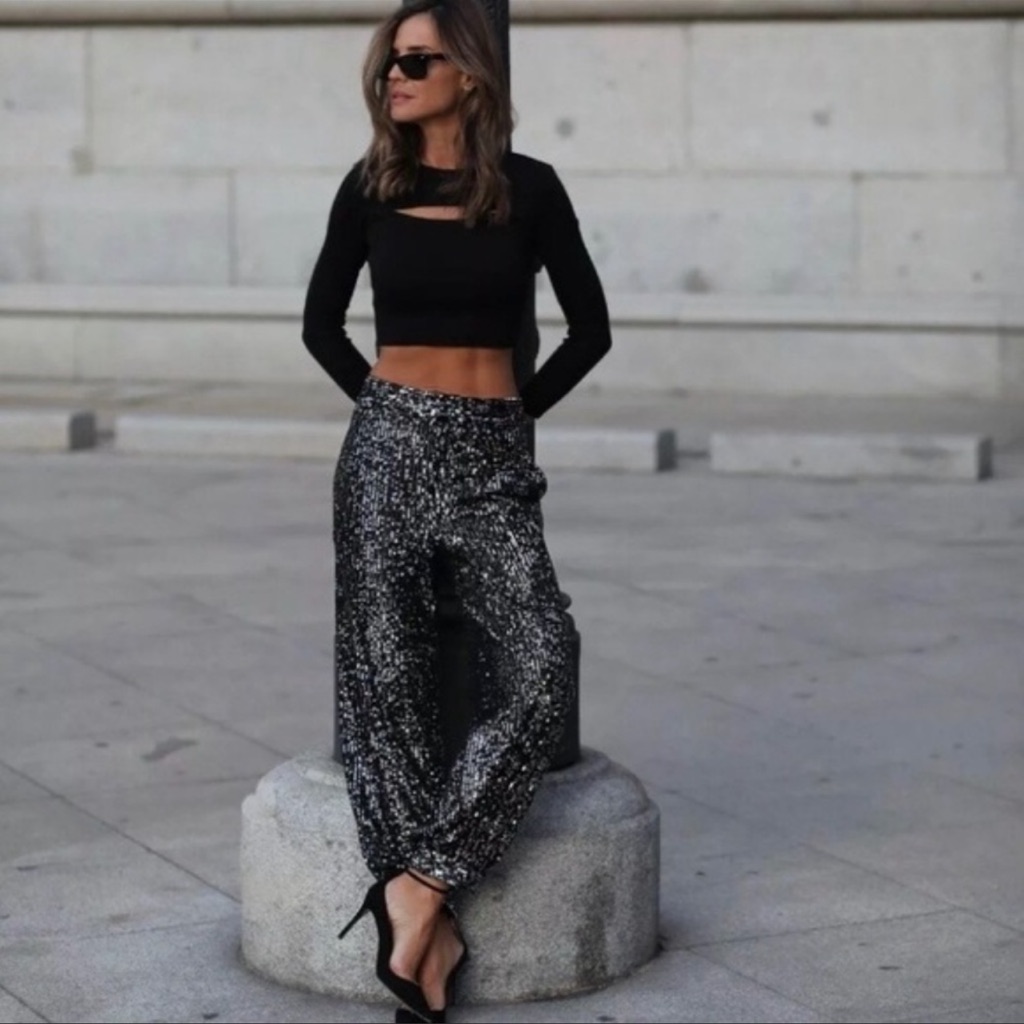 Zara Black Sequin Pants - Sz Large - Nwt